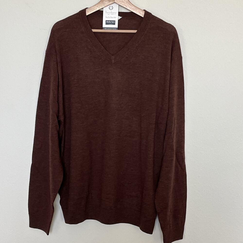 Mens TURNBURY MERINO WOOL Coffee Brown Sweater Pullover V-Neck Long Sleeve Sz XL